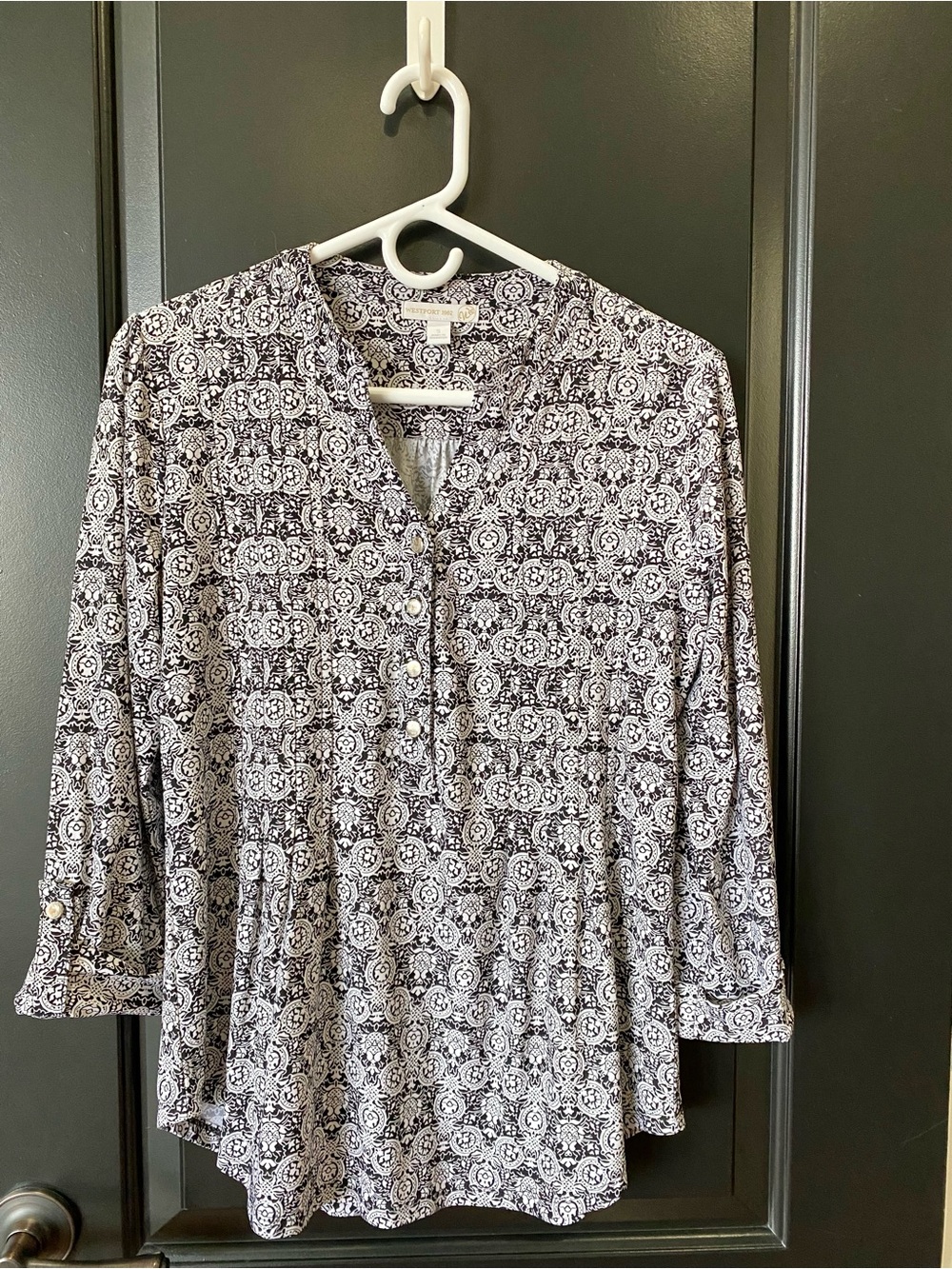 Westport 1962 Black & White Ornate Print 3/4-Sleeve Blouse | S